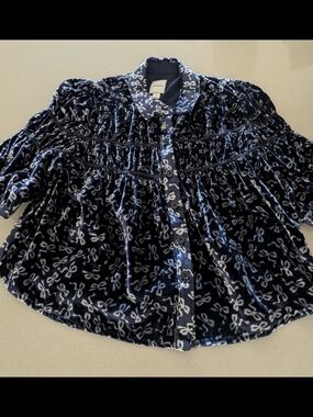 Maeve Navy and White Velvet Bow-Print Blouse